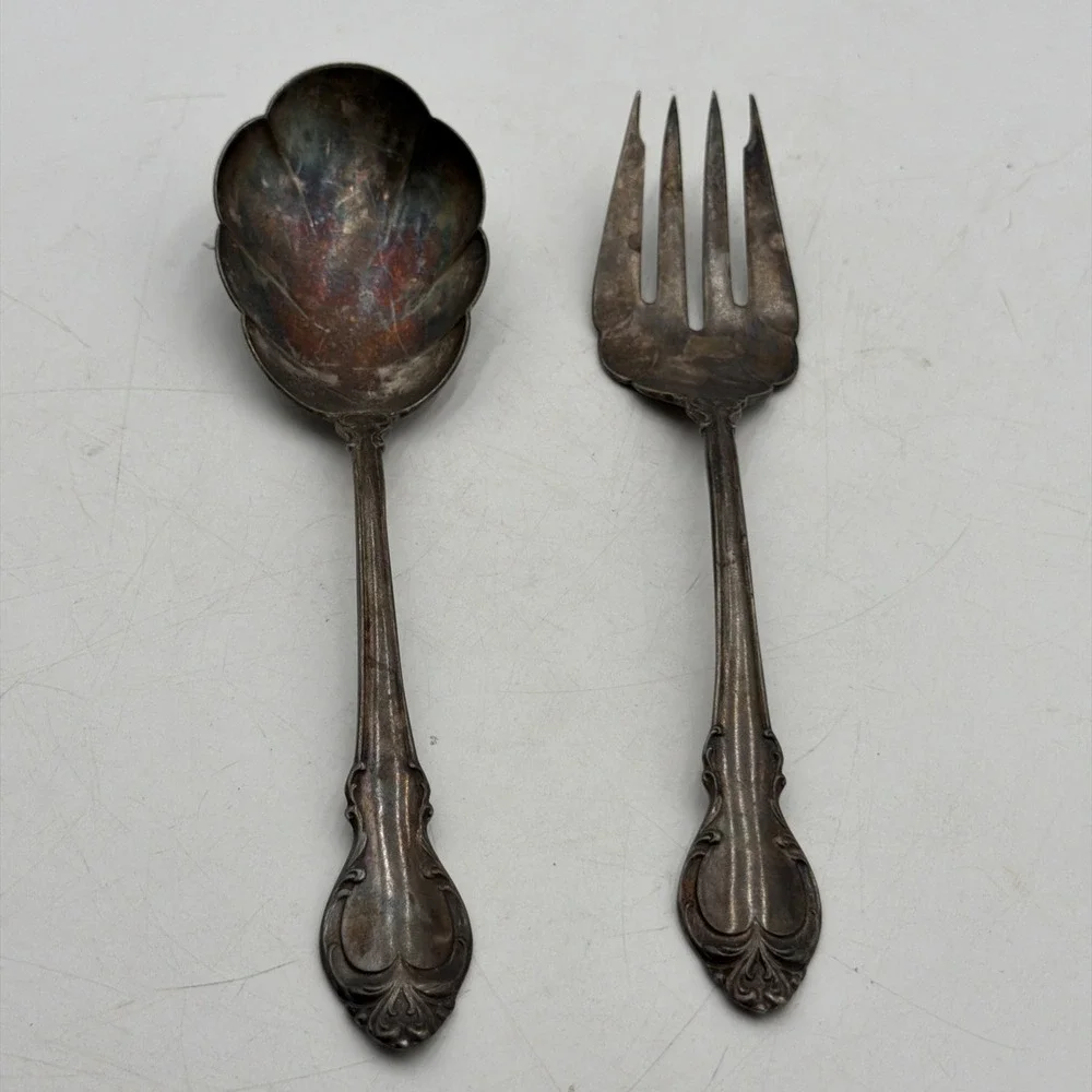 Holmes & Edwards Scalloped Deep Silver Serving Spoon And Meat Fork